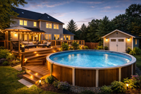 Patio de piscine hors terre avec rampes et marches dans la région de Québec